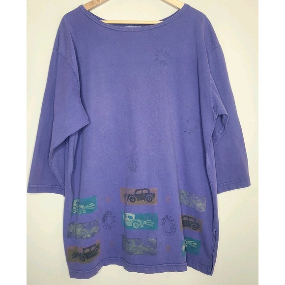 VTG Blue Fish Boxy 3/4 Sleeve Tee Purple Graphic Art 100% Cotton USA Lagenlook‎